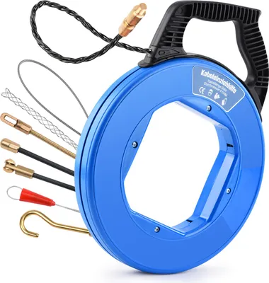 Produktbild von Kabeleinziehhilfe 50m, 4,5mm, Einziehspirale inkl. 7 Adapter, Einziehhilfe für Leerrohre, Einziehfeder für Leerrohr, Zugdraht, Kabelzieher für Kabel