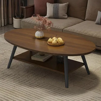 Image de Table d'appoint ronde, table basse à deux niveaux avec espace de rangement, en bois massif, structure métallique, style vintage, couleur marron