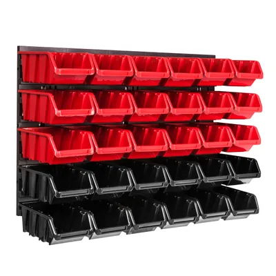 Image de Panneau à outils mural 57,6 x 39 cm avec 30 pcs. Boîtes suspendues rouges et noires Boîtes empilables