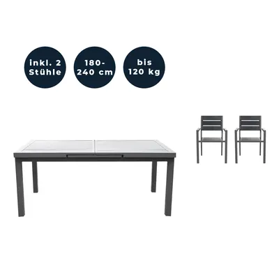 Image de HOME DELUXE - Table de jardin extensible - CALIDO - env. 180 (240) x 97,5 x 76,5 cm - avec 2 chaises, structure en aluminium, plateau en verre - accessoires inclus I Meubles de jardin Table extensible Ensemble pour balcon