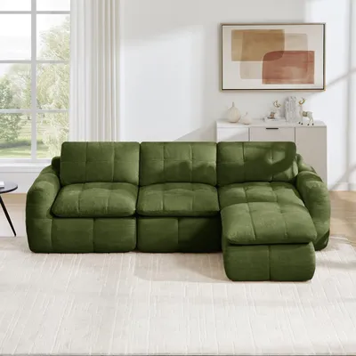 Immagine prodotto di Divano modulare a forma di L, con tre posti, rivestito in chenille, imbottitura in schiuma 32D, con poggiapiedi, senza necessità di montaggio