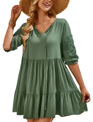 Produktbild von Rüschenkleid mit halben ärmeln, Spitzenbesatz, einfarbig, locker geschnitten, gestuftes Rüschenkleid für Damen, olivgrün, Größe S