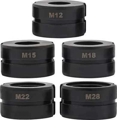 Zdjęcie produktu dla Zestaw szczęk zaciskowych do zaciskarek rurowych - 5 sztuk: M12, M15, M18, M22, M28 - wymiary 42x21 mm - stal Cr40 - kolor czarny