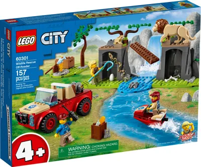 The image shows the box of a LEGO City Wildlife Rescue Off-Roader playset, depicting the assembled toy in a jungle/river environment with minifigures and animals.