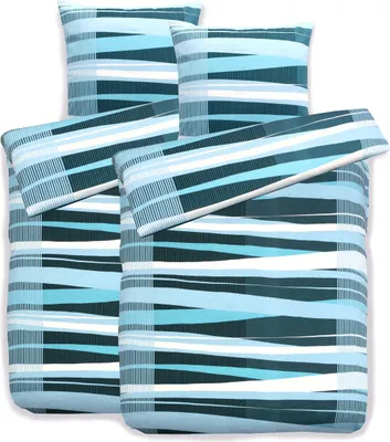 Produktbild von Hochwertige Biber Bettwäsche Baumwolle Streifen 155x220 80x80: 4tlg. / Türkis