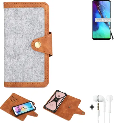 Produktbild von K-S-Trade Handyhülle + Kopfhörer kompatibel mit Motorola Moto G Pro Schutzhülle Filz Hülle Kunstleder hellgrau braun (1x)