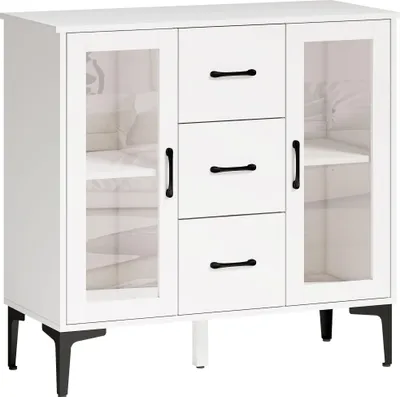 Produktbild von Modernes Sideboard mit Soft-Close-Türen, Buffetschrank mit 3 Schubladen, 2 Glastüren, verstellbare Regale, MDF, Weiß