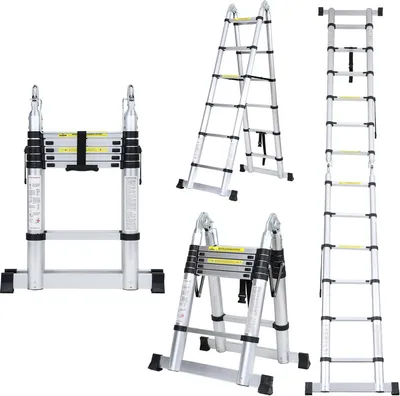 Obrázok produktu pre Jopassy teleskopický výsuvný rebrík skladací rebrík stabilný hliníkový rebrík do 150 kg 1,9 m+1,9 m strieborný bez hákov so stabilizátorom