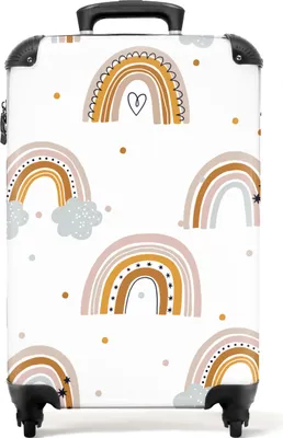 Produktbild von NoBoringSuitcases.com Kinder Handgepäck Koffer 55x35x20 cm, 36L, Bunte Drucke für Mädchen: Weiß - Regenbögen, Reisekoffer mit 4 Rollen