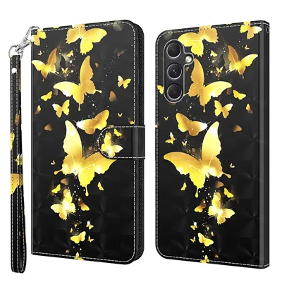 Produktbild von CLM-Tech Handyhülle kompatibel mit Samsung Galaxy A17 5G Hülle - Tasche aus Kunstleder - Klapphülle mit Ständer und Kartenfächern - Schutzhülle Wallet Case Cover Schmetterlinge gold schwarz