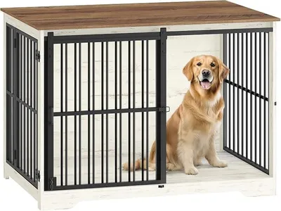 Produktbild von Hundekäfig Möbel, 110 cm Hundebox, 2 Türen, Moderne Hundekäfig Indoor für Kleine/Mittlere/Große Hunde, Beistelltisch, Verstärkte Schiebetür, 110 × 65 × 81 cm, Weiß Braun DFC84414B