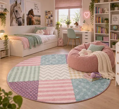 Produktbild von Kinder Teppich Maui Kids Rund Pastell Bunt Karo Sterne, Größe:200 cm Rund
