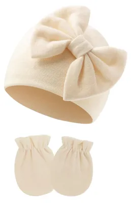 Imagen del producto de Gorro y manoplas para bebé, confeccionados en algodón, talla 0-6 meses, para recién nacidos