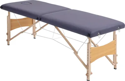 Obrázek produktu pro Masážní stůl/ošetřovací lehátko – skládací – opěrka hlavy – výškově nastavitelný 58–81 cm – dřevěný rám – 186×60 cm – fialová barva