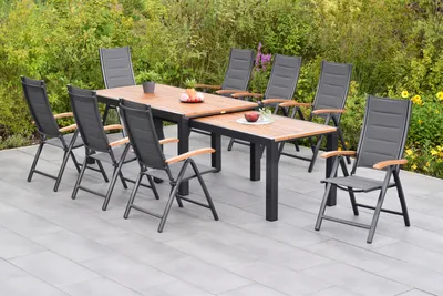 Produktbild von Merxx Gartenmöbelset Paxos 9tlg., 8 Klappsessel, Flex Ausziehtisch 180 (180) x 100 (83) x 80 (74) cm- Aluminium/Akazie/Textil