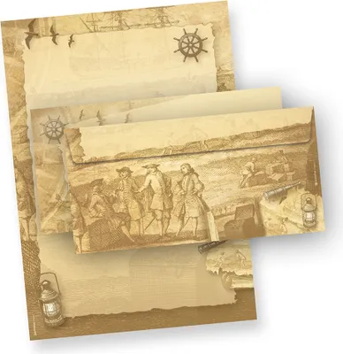 Produktbild von Briefpapier mit Umschlag Piraten & Seefahrer 100 Sets beidseitig bedruckt A4 Briefpapier Set Schiff maritim