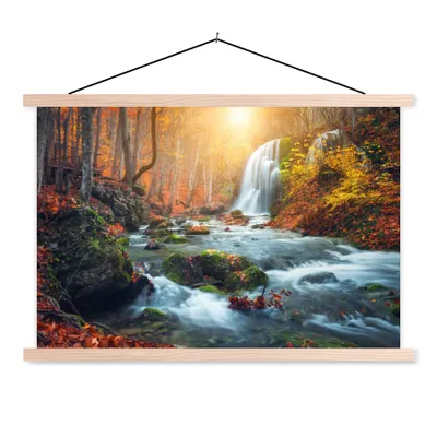 Produktbild von MuchoWow® Textilposter Wasserfall - Sonne - Herbst 120x80 cm mit holzfarbenen Rahmen - Aufhängeset