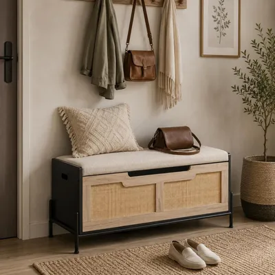 Image de Banc avec rangement, tressage en rotin, 100 cm, noir, chêne et noir