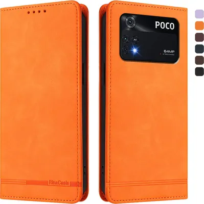 Produktbild von Hülle für Xiaomi Poco M4 Pro 4G, Retro Kunstleder Ständer Klapphülle mit Kartenfächer und Magnetische Orange