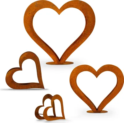 A set of four rusted metal heart-shaped decorations of varying sizes, arranged on a white background.