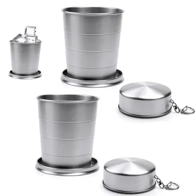 Zdjęcie produktu dla Kubek ze stali nierdzewnej, 250 ml, składany, idealny na kemping, 2 sztuki, kolor srebrny, wysokość 9,4 cm