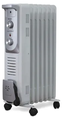 A white oil-filled radiator with wheels, shown against a white background.