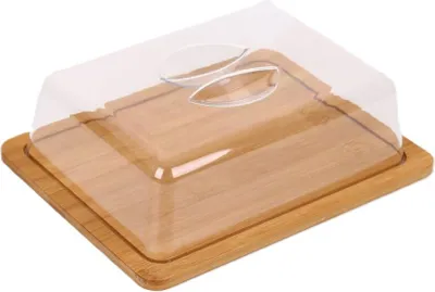 A bamboo cheese dome and butter dish with a clear plastic lid.