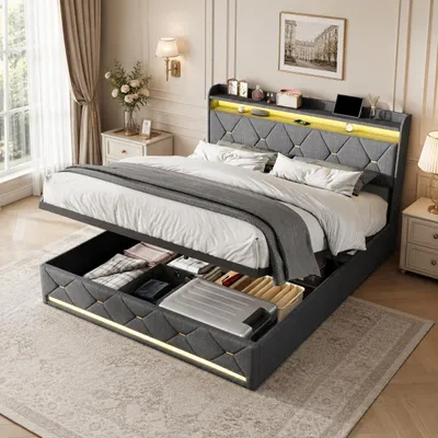 Obrázek produktu pro Postel INONEFT, rozměr 160x200 cm, čalouněná, s hydraulickým úložným prostorem, LED osvětlením a USB porty, postel pro mládež s úložným prostorem v čele, potah z lnu, barva šedá, Obrázek vytvořený pomocí AI