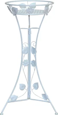 A white metal plant stand with decorative floral and leaf motifs.