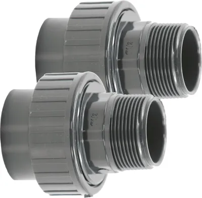 Produktbild von HAF 2x PVC Fittings Verschraubung mit 50mm x 1 1/2" | Klebemuffe x Außengewinde | Adapter aus grauem PVC | PN16 für PVC Rohr, Poolverrohrung & Teich