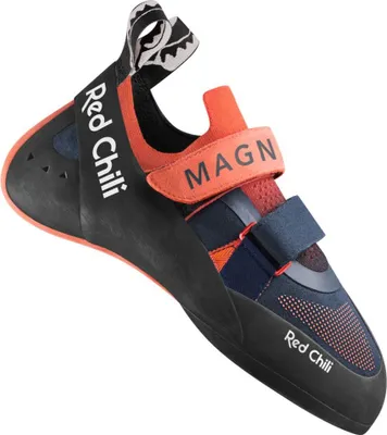 RedChili Magnet Kletterschuh mit schwarzem Gummi. navyblauem Obermaterial und orangenem Klettverschluss