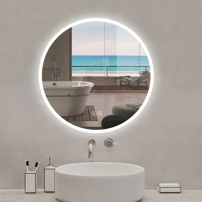 Image de Miroir de salle de bain rond Bluetooth 60cm tricolore + dimmable + mémoire + anti-buée, IP44 Miroir LED
