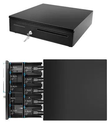 Immagine prodotto di Cassetto cassa, sistema di chiusura a chiave, scomparti estraibili, cassetto portamonete e banconote (per 5 banconote e 5 monete)