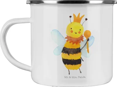 Produktbild von Mr. & Mrs. Panda Camping Emaille Tasse Biene König - Weiß - Geschenk, Pott, Hummel, Blechtasse, Teetasse, Becher, Emailletasse
