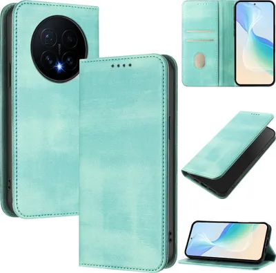 Produktbild von Handyhülle für Honor Magic8, Vintage Leder RFID Schutz Kartenfach Standfunktion Magnetische Klapphülle Türkis