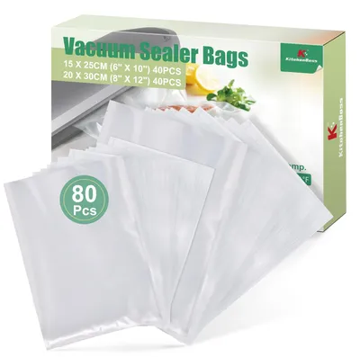 Immagine prodotto di KitchenBoss, sacchetti per alimenti professionali, confezione da 80: sacchetti per sottovuoto da 15x25 cm (40) e da 20x30 cm