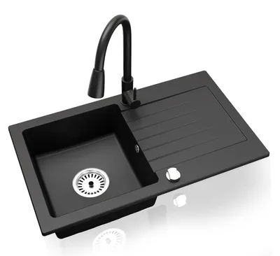 Produktbild von Faizee Home Granitspüle 75 x 44 cm Nachtschwarz – inklusive Armatur Wave in Schwarz – eckige Einbauspüle aus Granit – beidseitig montierbar, kratzfest, hitzebeständig – modernes Spülbecken
