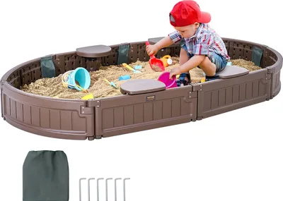 Zdjęcie produktu dla Piaskownica VEVOR z pokrywą, 183 x 105 x 23 cm, owalna piaskownica, piaskownica HDPE z 4 siedziskami narożnymi i wykładziną podłogową, piaskownica dla dzieci do ogrodu, na plażę, do parku, prezent dla chłopców i dziewczynek w wieku 3-12 lat, brązowa