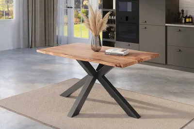 Produktbild von Esstisch Baumkante massiv Akazie natur 160 x 85 cm Spider-Gestell schwarz Kalea