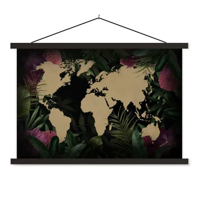 Produktbild von MuchoWow® Textilposter Weltkarte - Blumen - Blätter 60x40 cm mit schwarzem Rahmen - Hölzernes