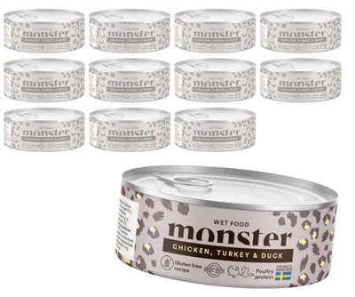 Zdjęcie produktu dla Monster Cat Adult 12x100g Pełnoporcjowa Mokra Karma Dla Dorosłych Kotów z Kurczakiem Indykiem i Kaczką