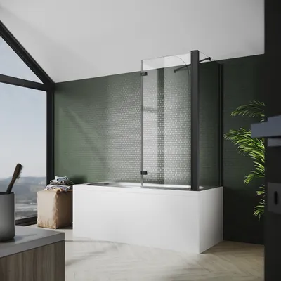 A modern bathroom with a bathtub and a glass shower enclosure, featuring a large window with a view.