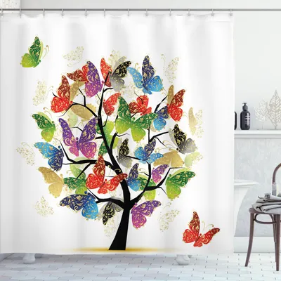 Produktbild von ABAKUHAUS Modern Duschvorhang, Künstlerischer Natur-Baum mit Blumenschmetterlings-Blättern Vivid Vibrant Artwork Print, 175 x 240 cm, Mehrfarbig