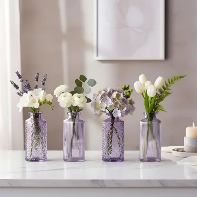 Produktbild von 4er Set Vase Glas Lila H14cm Violett Pastell Blumenvase Tischdeko Frühling Blumendeko Glasvase Dekovase