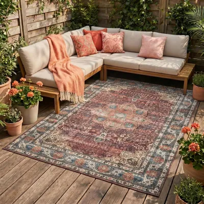 Image de Volero - Tapis rond en jute d'extérieur - Kairo Medaillon Bordeaux - 200x290 cm