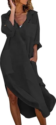 Produktbild von ASKSA Damen Elegant Kleider Einfarbig Lang Hemdkleid Midi Tunika Sommerkleider mit Taschen, Schwarz, XL