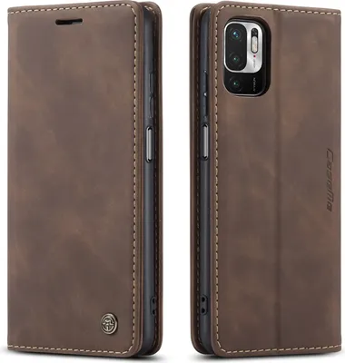 A brown leather flip case for a smartphone is shown from two angles.