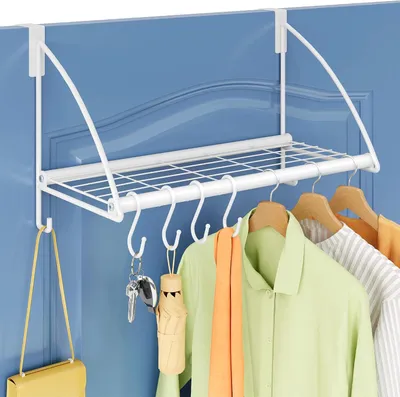 Productafbeelding van Over de deur hanger met opbergrek en 6 haken - Over de deur kledingrek voor het ophangen van jassen - Badkamer - Wit