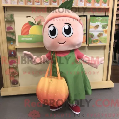 Productafbeelding van Mascottekarakter REDBROKOLY van een perzikzucchini gekleed met een kokerrok en draagtassen