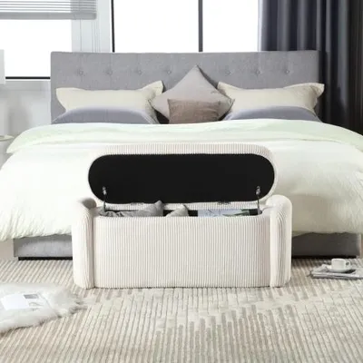 Productafbeelding van AIORBER Zitbanken, gestreept fluweel, comfortabele zitvlak, nachtkastje-kruk, veel opbergruimte, bedbank, geschikt voor de hal, slaapkamer, 112x41x42cm, beige